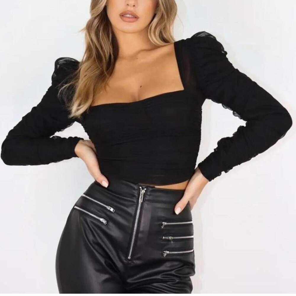 NWT missguided black mesh ruched front milkmaid top